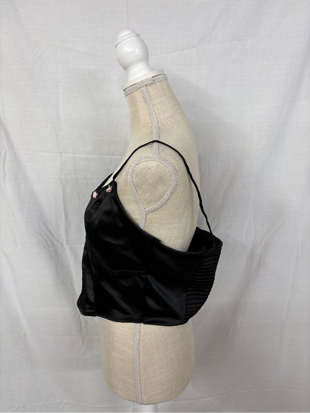 Black Satin Wild Fable Corset Top with Pink Rose Embellishments Summer - Picture 3 of 13